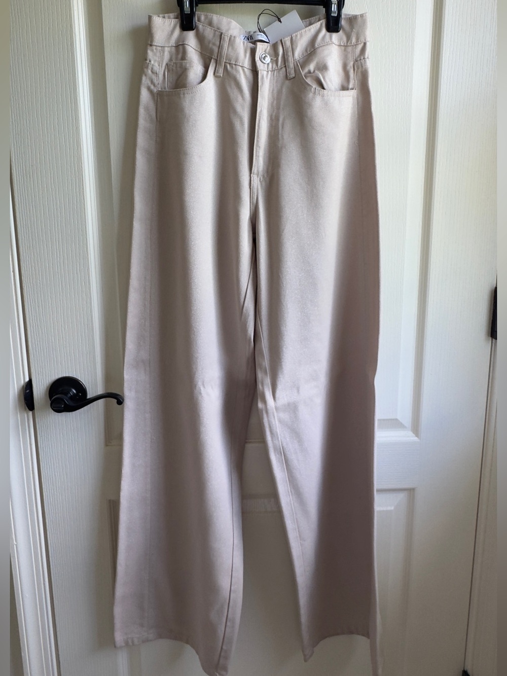 ZARA Women’s Wide-Leg Casual Sparkly Pants in Light Beige
